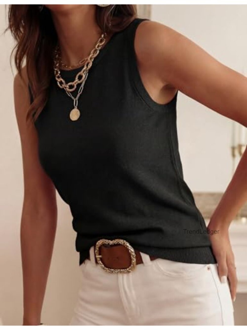 Sleeveless Ribbed Knit Sweater Tank Top Loose Fit Crew Neck Summer - Picture 3 of 6